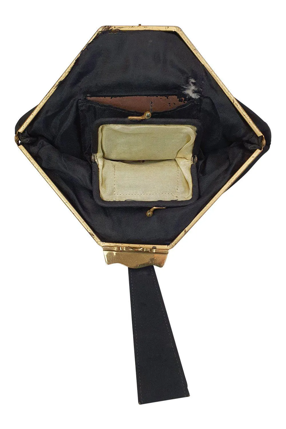 VINTAGE 1930s 1940s Black Silk Fabric Brass Frame Wristlet Bag (S)