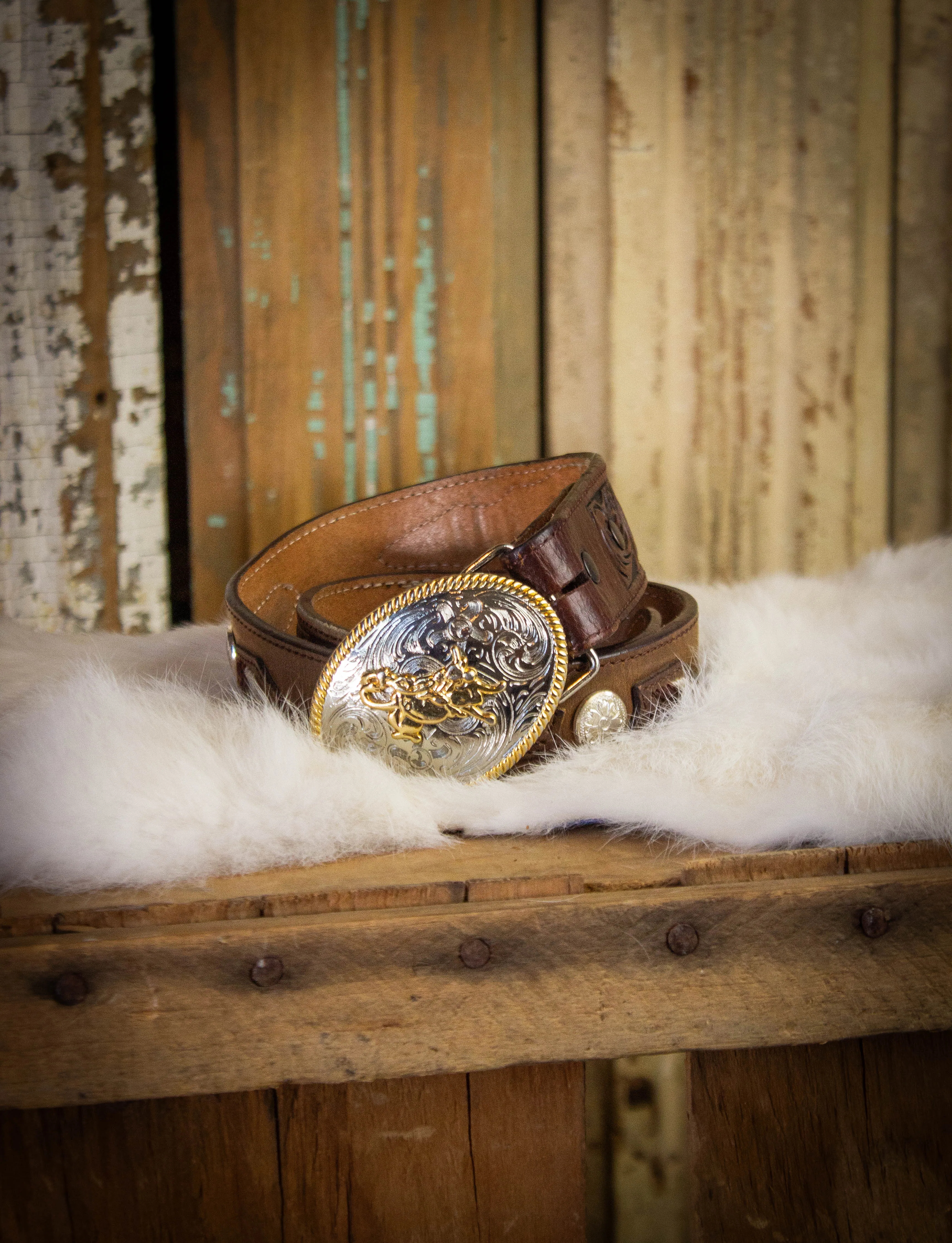 Vintage Brown Leather Belt with Bull Rider Belt Buckle