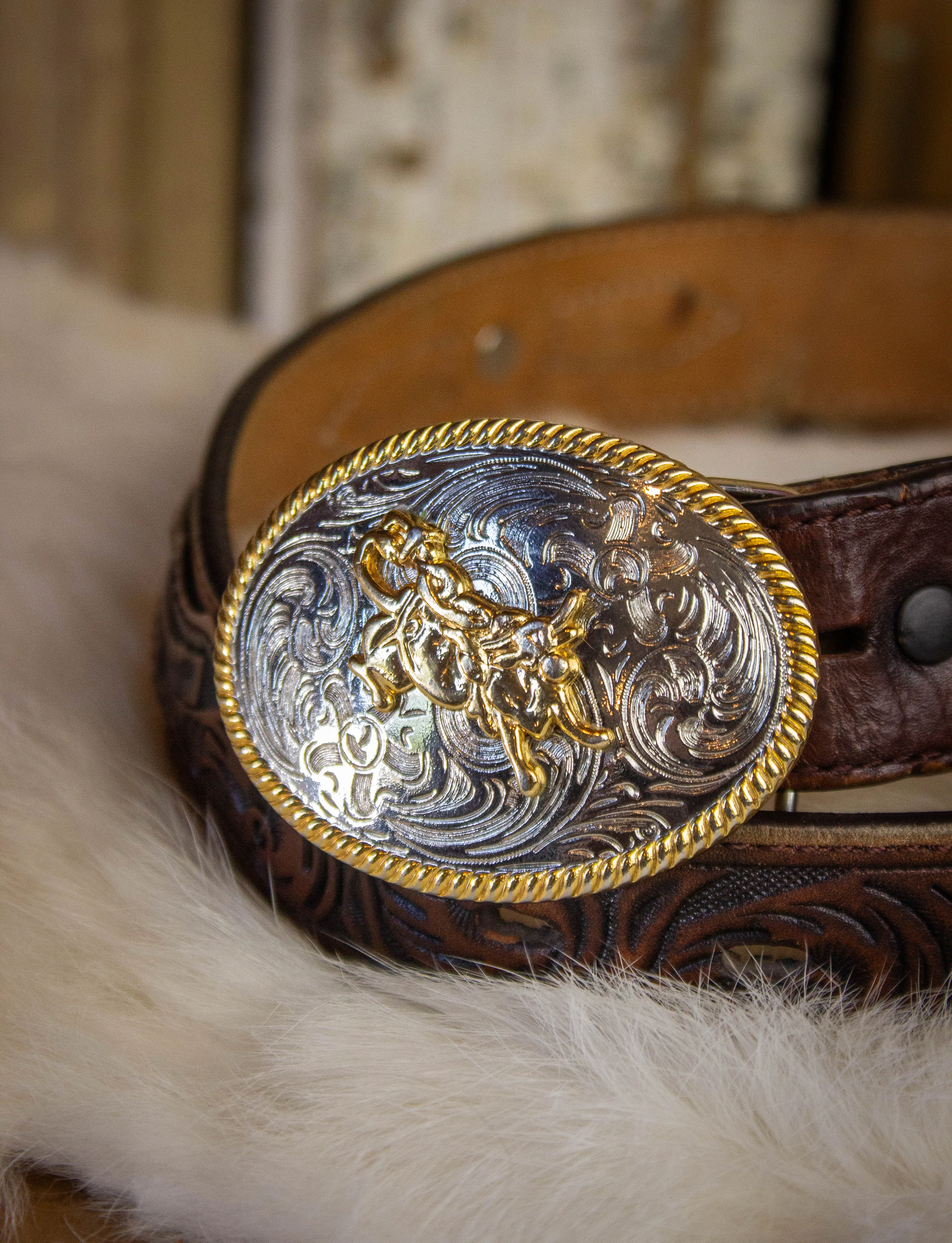 Vintage Brown Leather Belt with Bull Rider Belt Buckle