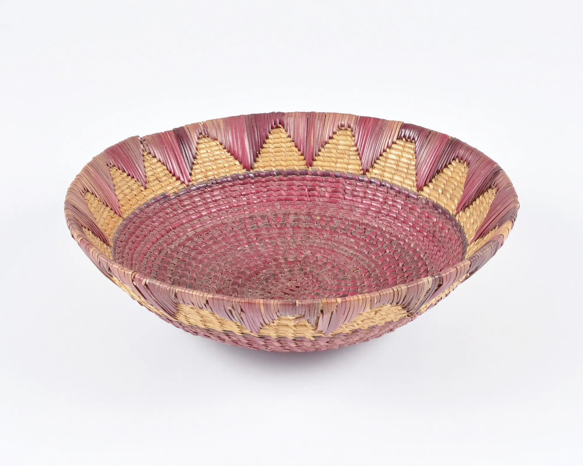 Vintage Tribal Hand Woven Bowl Basket-Two Tone Detail-Burgundy and Natural