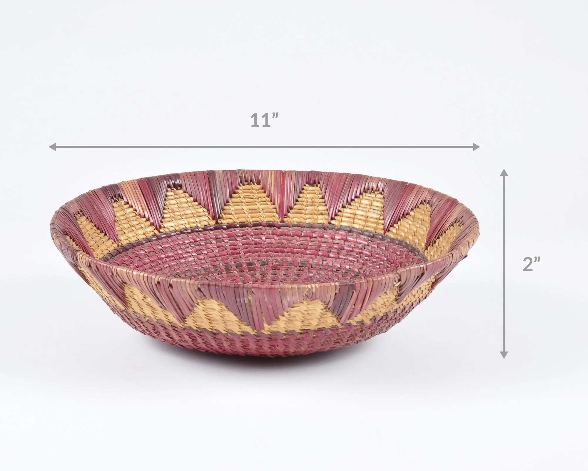 Vintage Tribal Hand Woven Bowl Basket-Two Tone Detail-Burgundy and Natural