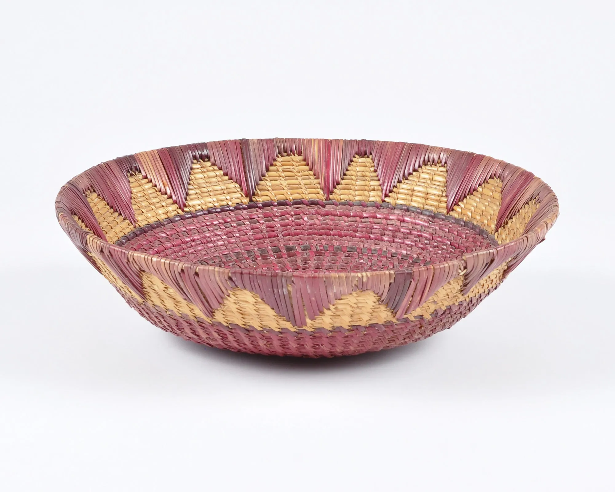 Vintage Tribal Hand Woven Bowl Basket-Two Tone Detail-Burgundy and Natural