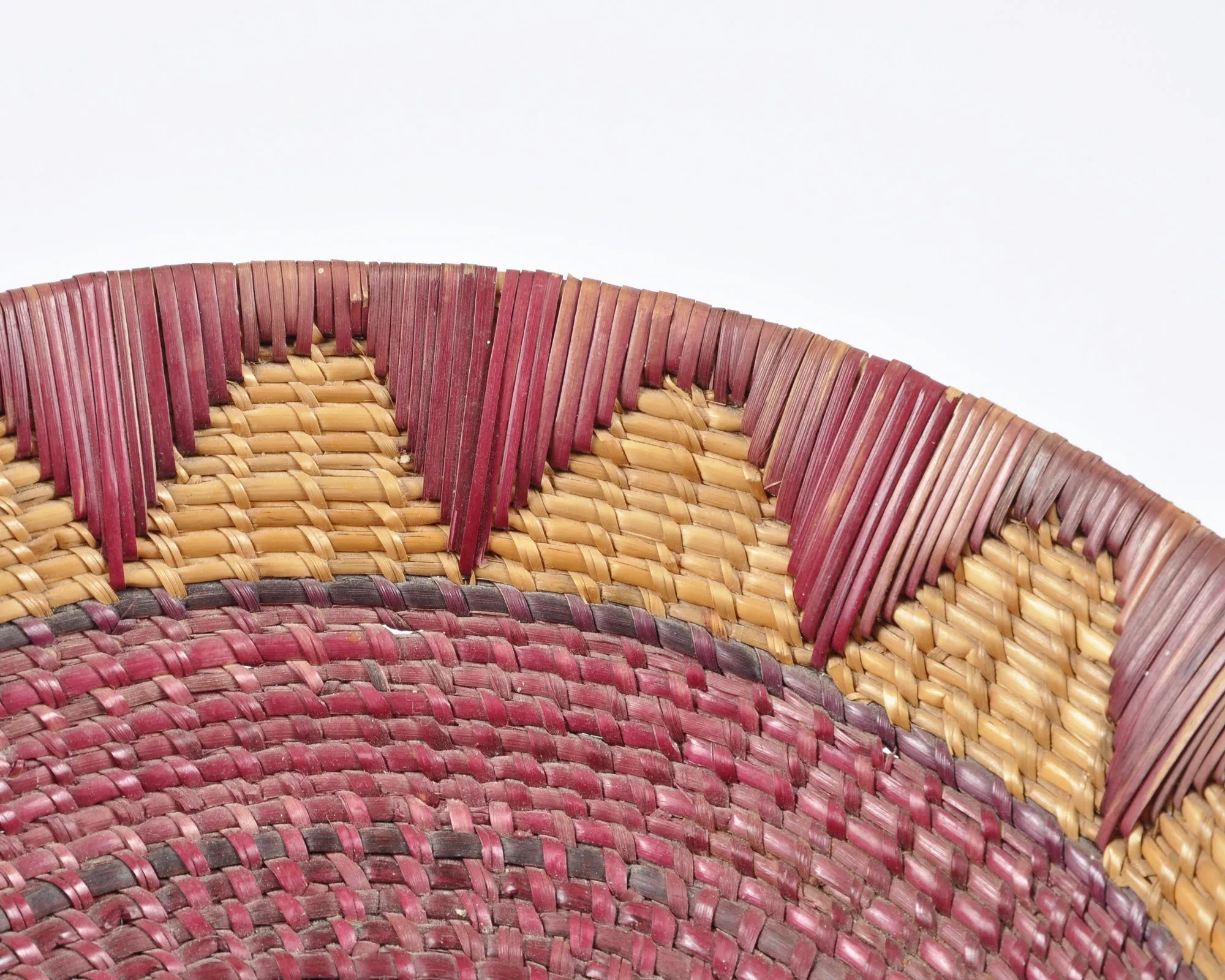 Vintage Tribal Hand Woven Bowl Basket-Two Tone Detail-Burgundy and Natural