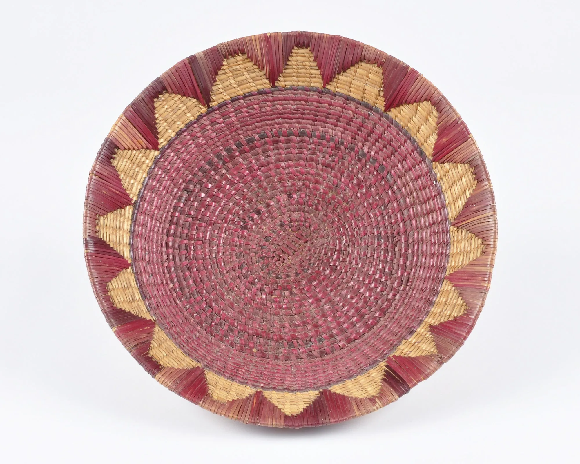 Vintage Tribal Hand Woven Bowl Basket-Two Tone Detail-Burgundy and Natural