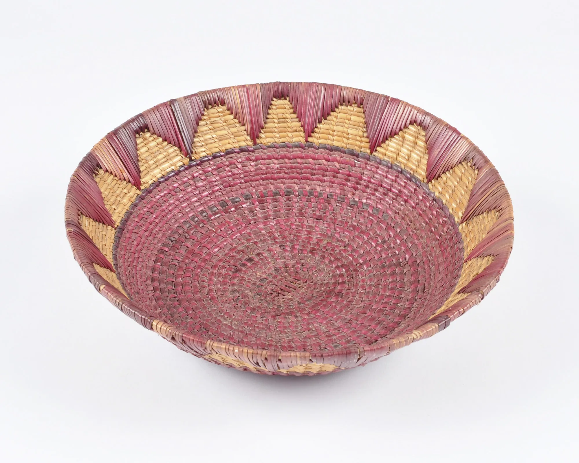 Vintage Tribal Hand Woven Bowl Basket-Two Tone Detail-Burgundy and Natural