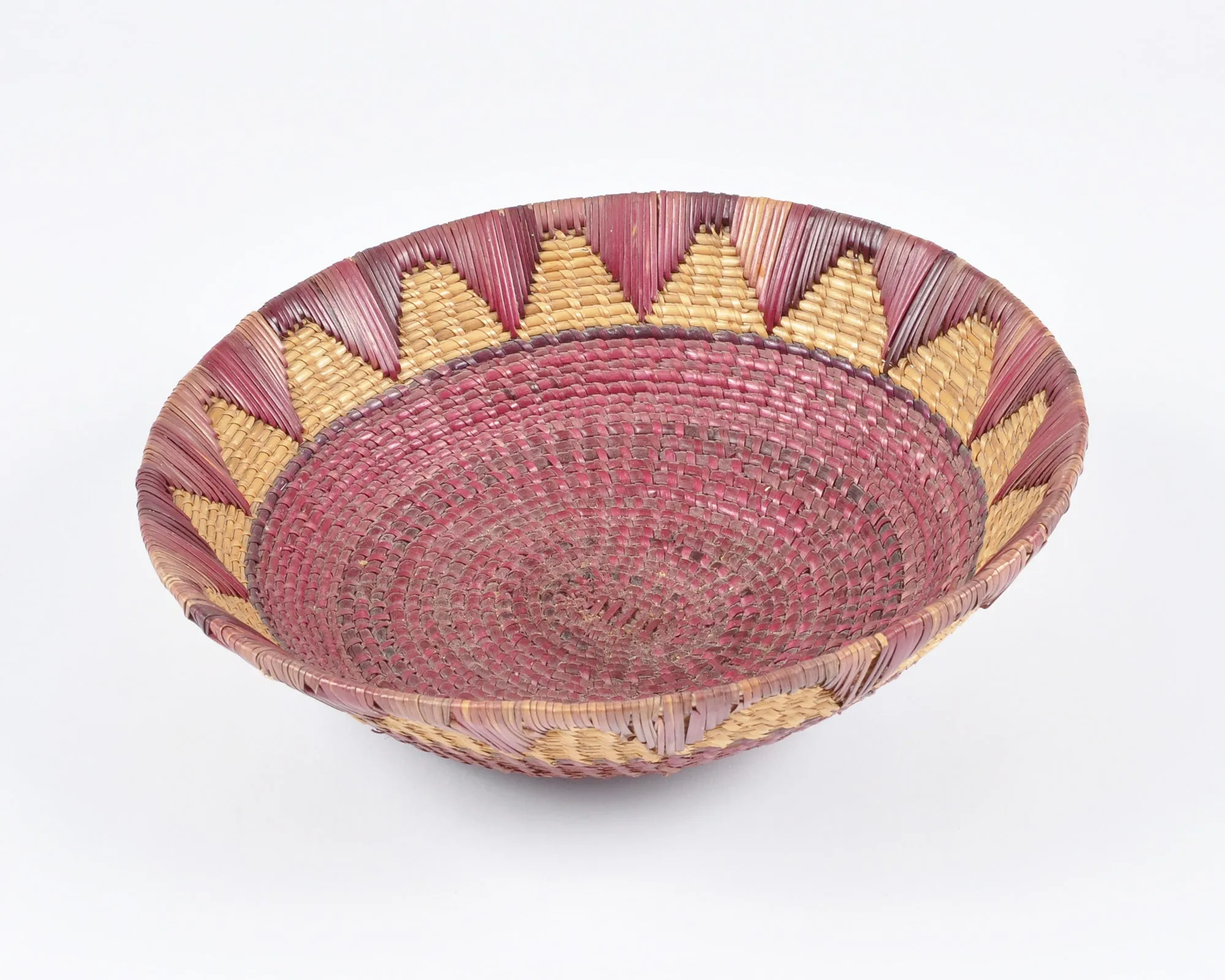 Vintage Tribal Hand Woven Bowl Basket-Two Tone Detail-Burgundy and Natural