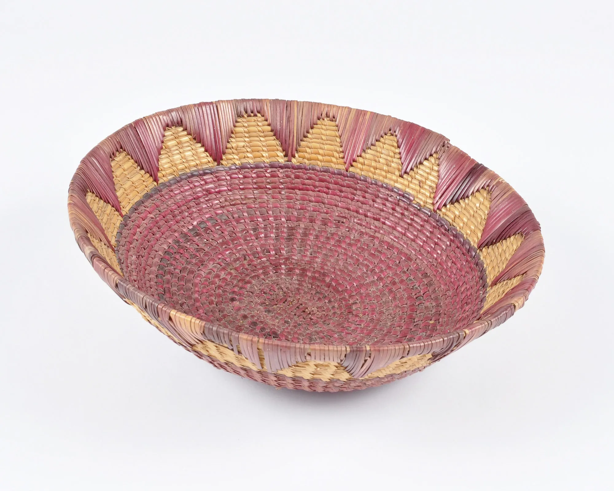 Vintage Tribal Hand Woven Bowl Basket-Two Tone Detail-Burgundy and Natural