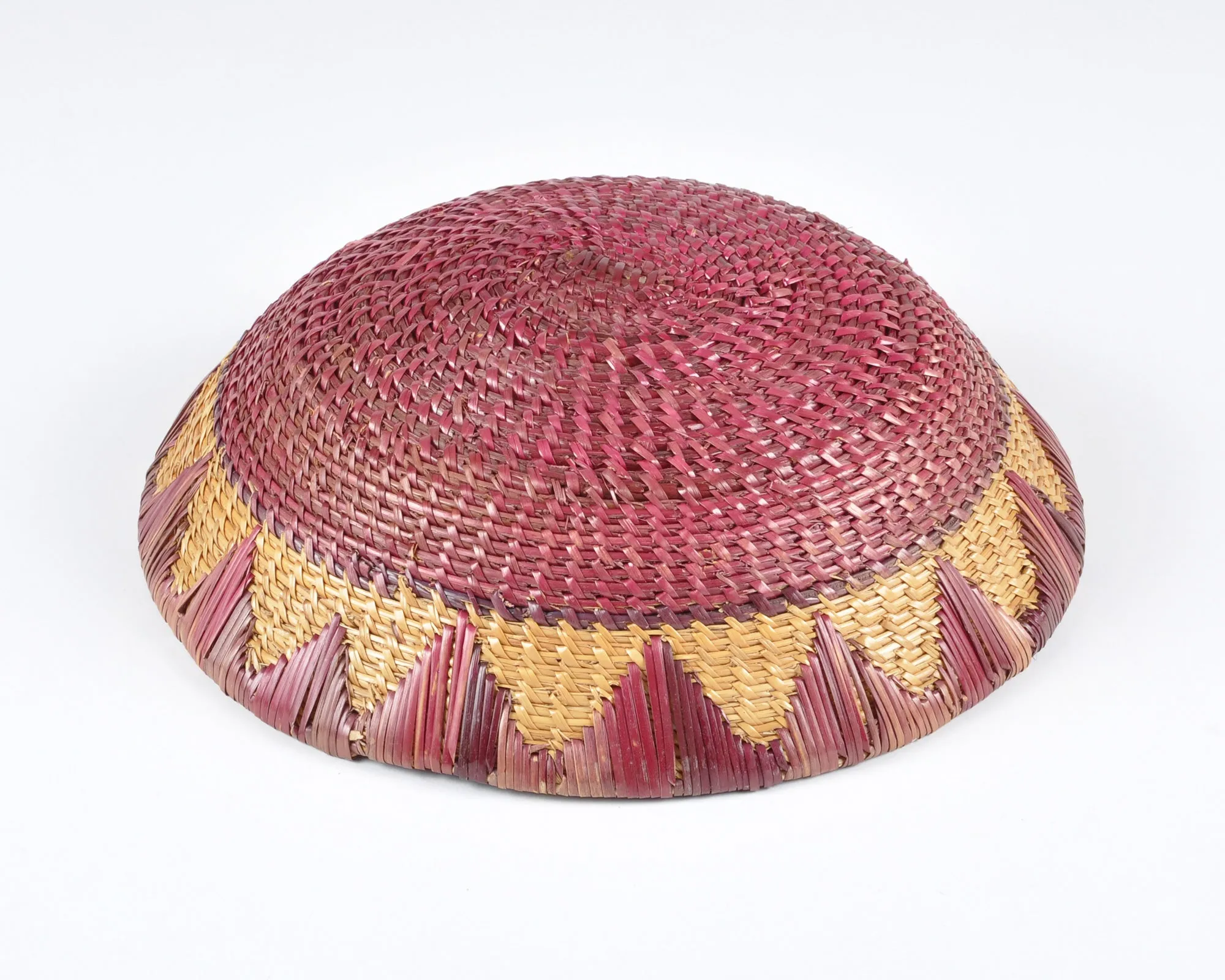 Vintage Tribal Hand Woven Bowl Basket-Two Tone Detail-Burgundy and Natural