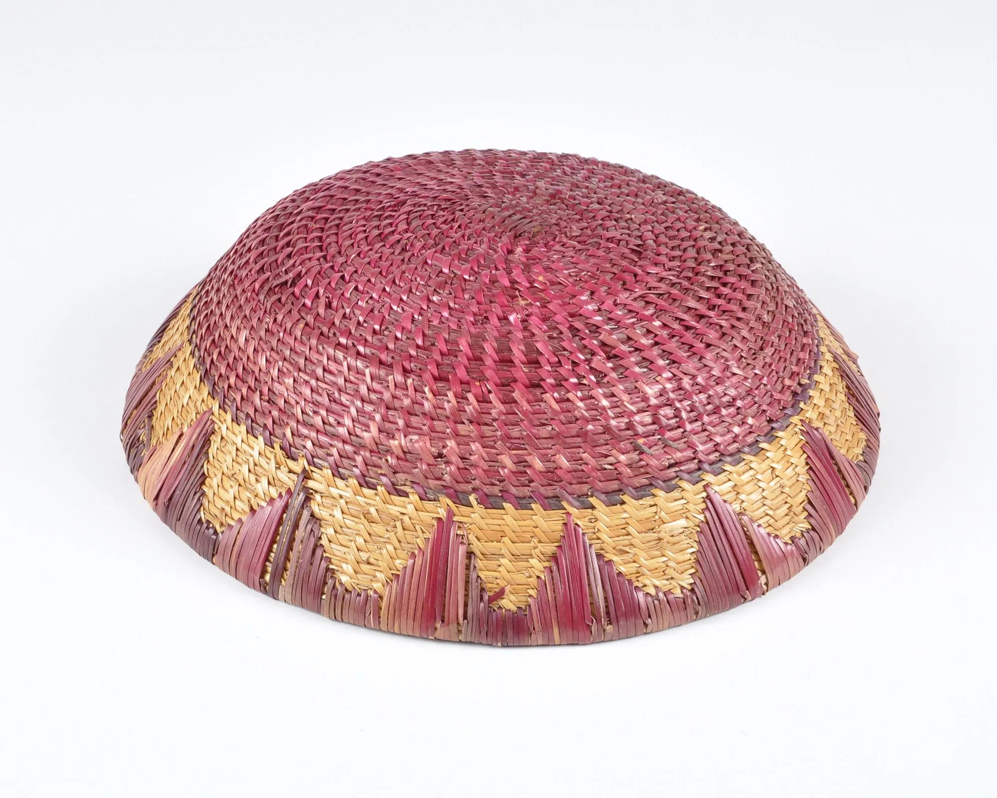 Vintage Tribal Hand Woven Bowl Basket-Two Tone Detail-Burgundy and Natural