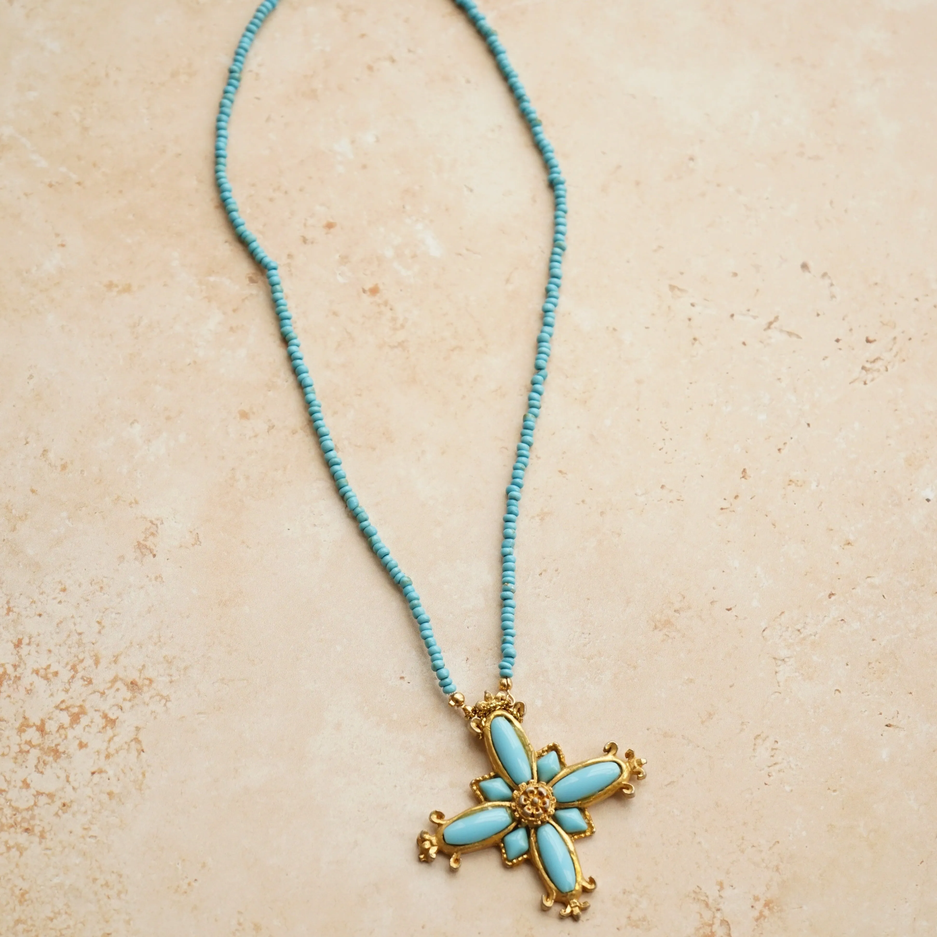 Vintage Turquoise Beaded Cross Necklace