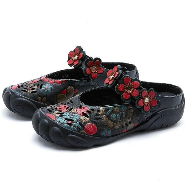 Women Summer Floral Leather Casual Slippers