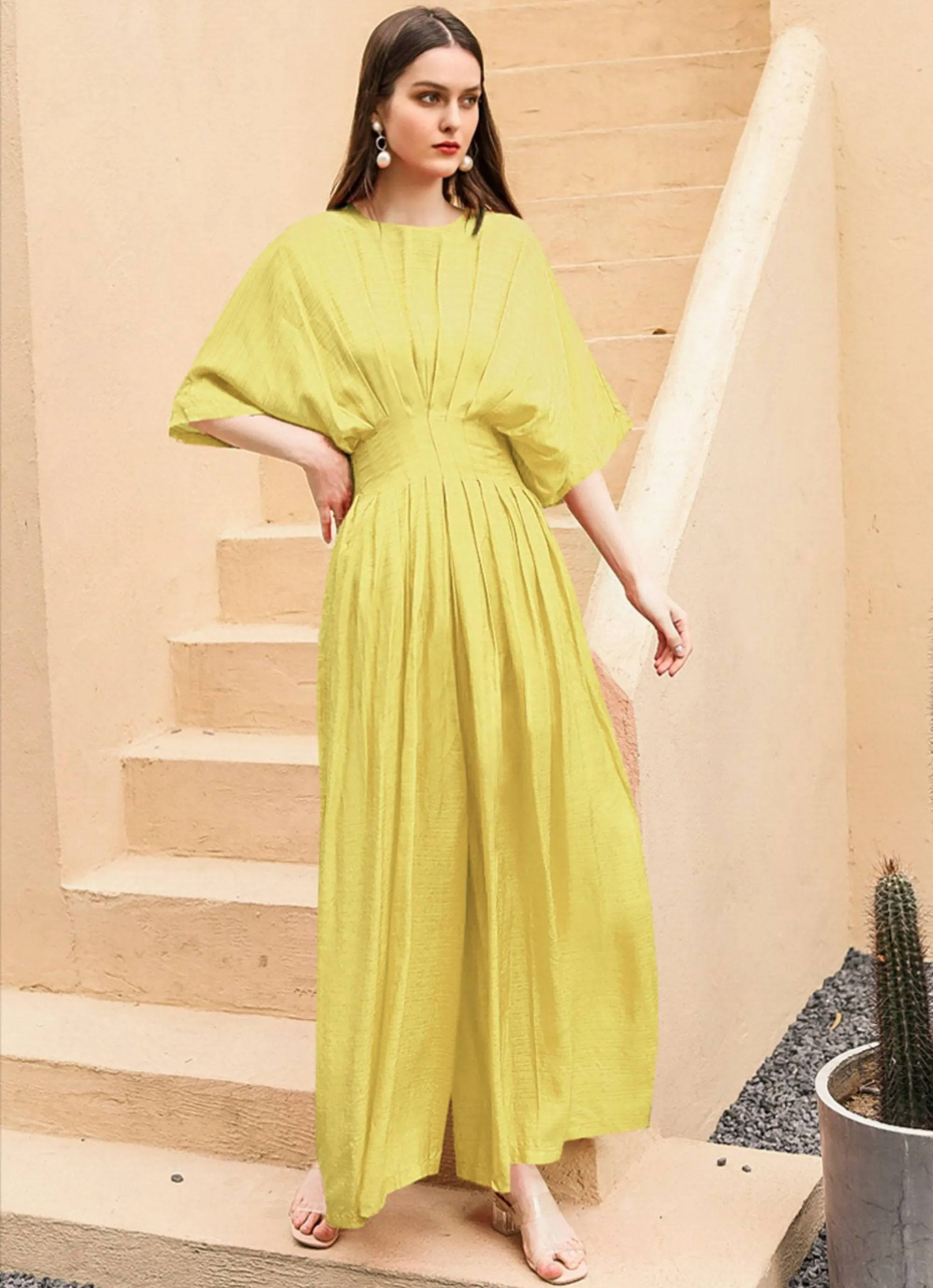 Womens Short Sleeve Smocked Waist Wide Leg Pleated Jumpsuit, Summer Pants Boho Style,formal jumpsuit,Jumpsuit for wedding guest,VivianSeven